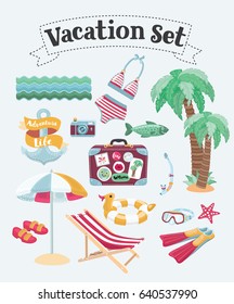 Vector cartoon funny illustration set of vacation and beach elements for design