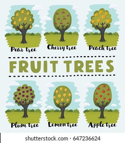 Vector cartoon funny illustration set of fruit orchard trees on summer garden background with hand drawn lettering name: Peach, Cherry, Lemon, Plum, Pear, Apple