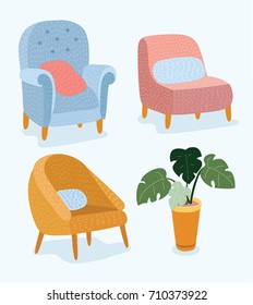 Vector cartoon funny illustration of set of hand drawn stylish furniture with wooden legs and the pot of a potted plant, monstera