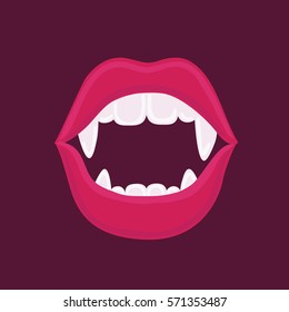 Vector Cartoon Funny Illustration Of Sexy Red Vampire Woman Open Mouth With Fangs Vector Comic Design Element Dark Background.