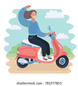 Vector cartoon funny illustration of smiling woman ride on a motorcycle. Human characters on summer park backround.