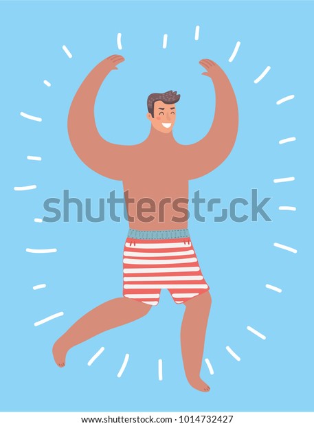 Vector cartoon funny illustration of smiling\
guy wearing swimming trunks. Happy man run. Human male character on\
isolated background.