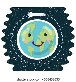 Vector cartoon funny illustration of space shuttle orbiting the Earth. Smiling cute faces