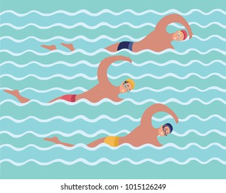 Vector cartoon funny illustration of sportsmen vector collection. Swimmer men crawl pool competition. Human male characters