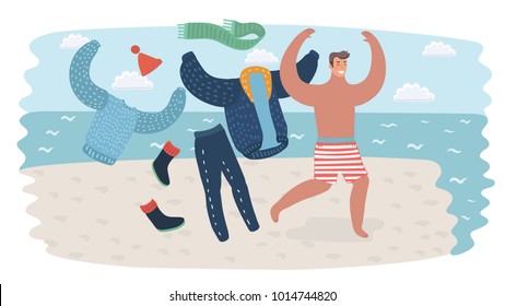 Vector cartoon funny illustration of summer vacation. Happy man on holliday running take off his clothes to the waterline of sea on seacost. Traveling illustration for your design.