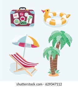 Vector cartoon funny illustration of Summer vacation icons. Suitcase buggiget, rubber inflatable duck ring, sun loungers, umbrella and tropic palms