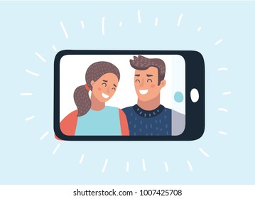 Vector cartoon funny illustration of taking selfie on smartphone on blue background. Young couple taking selfie photo together with mobile phone. Object on isolated background.