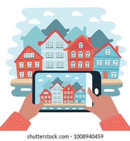 Vector cartoon funny illustration of taking photo on mobile phone. Hand holding mobile smartphone and city or town landscape on display