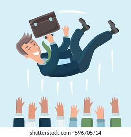 Vector cartoon funny illustration of throw hands happy manager character in the air. Winner make a good deal. The joy of colleagues. Scene team building, training. Happy man in suit with case