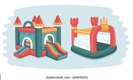 Vector cartoon funny illustration of two inflatable castles trampoline in playground in park.  Isolated objects.