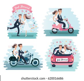 Vector cartoon funny illustration of wedding couple: Groom and bride, dancing, kissing, in a car, drive on scooter and motorcycle