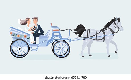 Vector cartoon funny illustration of wedding couple trying kiss each other. Just married. The bride and groom sitting in the carriage pulled by a horse. Isolated object on white background