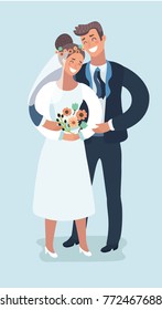 Vector cartoon funny illustration of Wedding. Bridal ceremony, handsome groom and pretty bride in modern style. Characters on isolated white background.