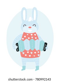 Vector cartoon funny illustration of white rabbit musician playing accordion. Happy Easter card decorated with flower in vintage color