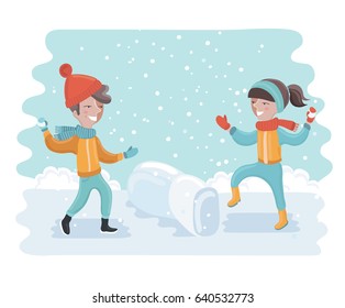 Vector cartoon funny illustration of winter fun. Cheerful children playing snowballs in the park