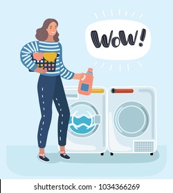 Vector Cartoon Funny Illustration Of Woman Housewife Washes Clothes In The Washing Machine. Washer And Dryer. Female Characters In White Isolated Background.