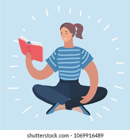 Vector cartoon funny illustration of woman reading book. Female character on isolated background.