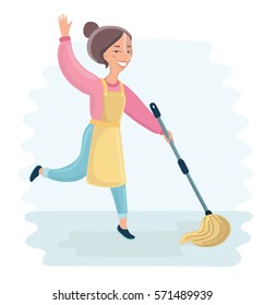 Vector cartoon funny illustration of Woman dancing with mopping for Floor