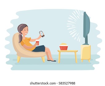 Vector cartoon funny illustration of woman watching television armchair and sitting in chair, drinking