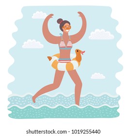 Vector cartoon funny illustration young rejoice woman in  swimsuit running, with rubber duck ring and diving mask. going to swim in the sea. Vacation or holidays, summer concept. Rubber ring.