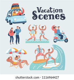 Vector Cartoon Funny Illustration Of Young Tourists Couple. Family On Vacation. Together Scene. By Car, Riding On Scooter, Take Photo Of Sights, Splashing In Sea On Resort, Surfing, Relaxing On Beach