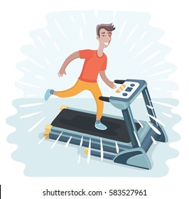 Vector cartoon funny illustration of young happy man running on treadmill, sport, fitness, athletics, healthy lifestyle.