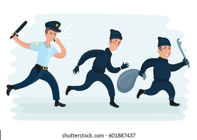 Vector cartoon funny illustration of young police man running chasing thiefes escaping with stolen bag