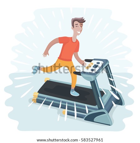 Vector cartoon funny illustration of young happy man running on treadmill, sport, fitness, athletics, healthy lifestyle.