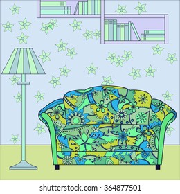 Vector cartoon funny interior with painted couch
