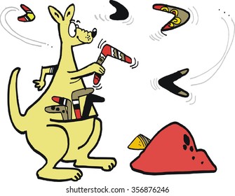 Vector cartoon of funny kangaroo with pouch full of boomerangs, practicing throwing. 