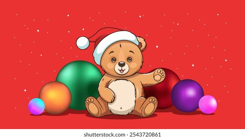 Vector de dibujos animados divertido tipo regordete oso de peluche festivo en sombrero Santa y con la pata levantada. Bolas de cristal de colores. Felices Navidades y Feliz Año Nuevo. Fondo rojo con puntos blancos.