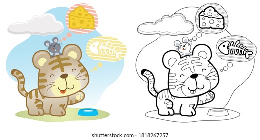 Vector cartoon of funny kitten and mice thinking of foods, coloring book or page