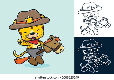 Vector cartoon of funny leopard in cowboy costume ride stick horse toy