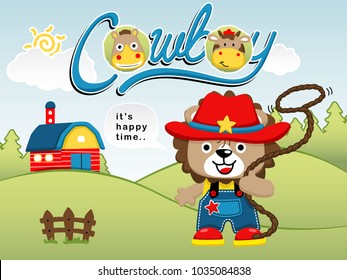 Vector cartoon of funny lion in cowboy costume holding lasso, ranch element illustration with funny animals smile face