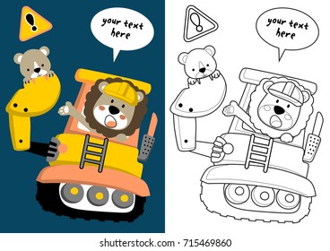Vector cartoon of funny lion with it cub on construction vehicle. Coloring page or book