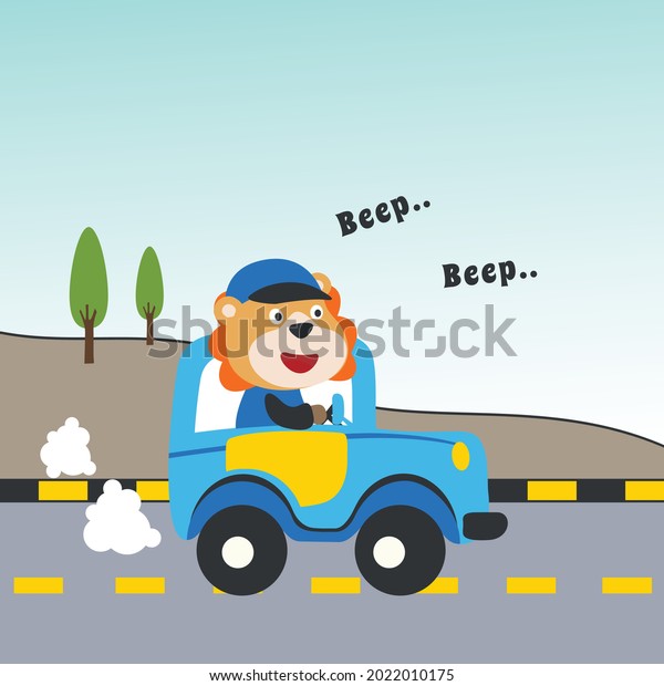 Vector cartoon of funny lion driving car in\
the road with village landscape. Can be used for t-shirt printing,\
children wear fashion designs, baby shower invitation cards and\
other decoration.