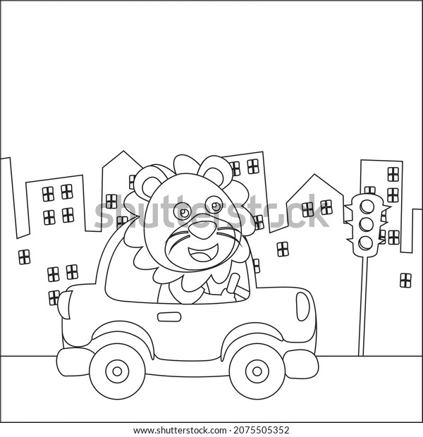 Vector cartoon of\
funny lion driving car in the road. Childish design for kids\
activity colouring book or\
page.