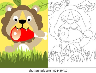 vector cartoon of funny lion eating meat in jungle, coloring book or page