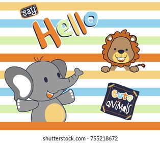 Vector cartoon of funny lion with elephant on colorful striped background