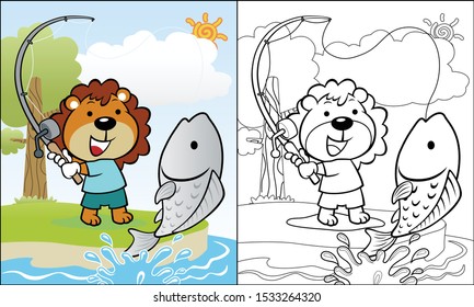Vector cartoon of funny lion fishing in a river, coloring book or page