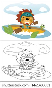 Vector cartoon of funny lion with frog on canoe in river, coloring book or page