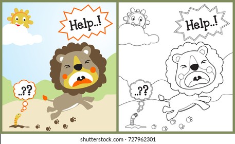 vector cartoon of funny lions are afraid of worms, humor cartoon, coloring page or book