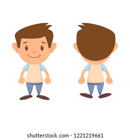 Vector cartoon funny little boy isolated on white background. The self-confident boy is standing with his hands in the sides.