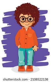 Caricatura vectorial niño pequeño y gracioso aislado de fondo blanco y morado. El niño confiado en sí mismo está parado con una mano en el bolsillo.