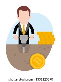 Vector cartoon funny manager takes the bitcoin - cryptocurrency in the land. Isolated white background.