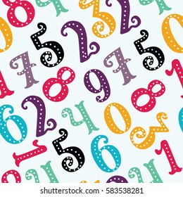Vector cartoon funny mathematics background - different numbers in seamless pattern. Colorful school pattern for children. Multicolor math background for kids.