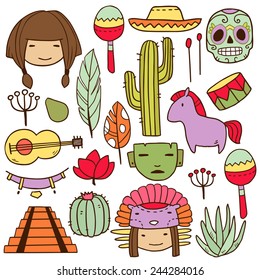 Vector cartoon funny mexican icons with faces, masks, skull and other traditional elements on separate layers on white background