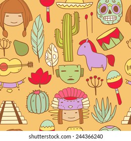 Vector cartoon funny mexican seamless pattern with faces, masks, skull and other traditional elements