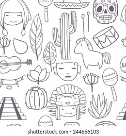 Vector cartoon funny mexican seamless pattern with faces, masks, skull and other traditional elements