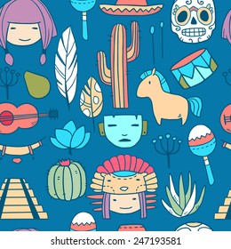 Vector cartoon funny mexican seamless pattern with faces, masks, skull and other traditional elements
